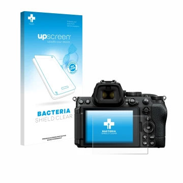 Vorderseite einer Produktverpackung mit dem Markenlogo upscreen. Daneben ist das Gerät Nikon Z5 II mit dem zugehörigen Display