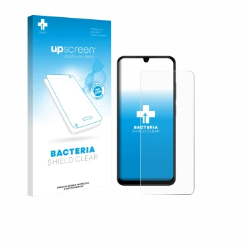 Vorderseite einer Produktverpackung mit dem Markenlogo upscreen. Daneben ist das Gerät Xiaomi Redmi A5 mit dem zugehörigen Dis