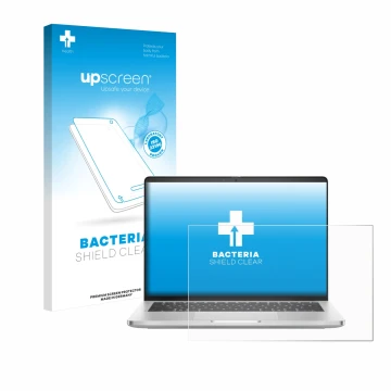 Vorderseite einer Produktverpackung mit dem Markenlogo upscreen. Daneben ist das Gerät Dell Pro 14 Plus PB14250 mit dem zugehö