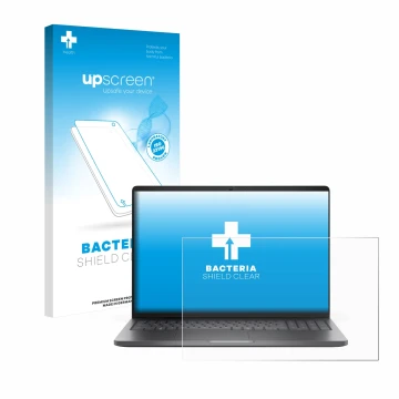 Vorderseite einer Produktverpackung mit dem Markenlogo upscreen. Daneben ist das Gerät Dell Pro 16 PC16250 mit dem zugehörigen