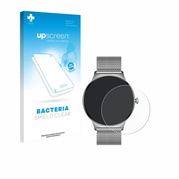 Vorderseite einer Produktverpackung mit dem Markenlogo upscreen. Daneben ist das Gerät Pireware Slim Smartwatch mit dem zugehö