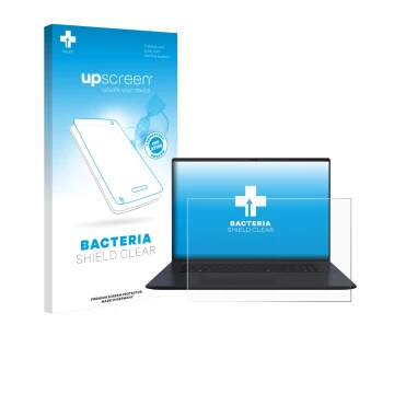 Vorderseite einer Produktverpackung mit dem Markenlogo upscreen. Daneben ist das Gerät ASUS Vivobook 18 M1807 mit dem zugehöri