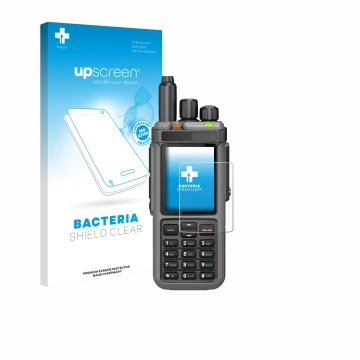 Vorderseite einer Produktverpackung mit dem Markenlogo upscreen. Daneben ist das Gerät Radtel RT-880 mit dem zugehörigen Displ