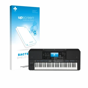 Vorderseite einer Produktverpackung mit dem Markenlogo upscreen. Daneben ist das Gerät Yamaha PSR-SX720 mit dem zugehörigen Di