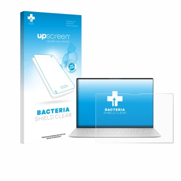 Vorderseite einer Produktverpackung mit dem Markenlogo upscreen. Daneben ist das Gerät Dell XPS 13 9350 2024 mit dem zugehörig