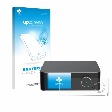 Vorderseite einer Produktverpackung mit dem Markenlogo upscreen. Daneben ist das Gerät WiiM Ultra mit dem zugehörigen Displays