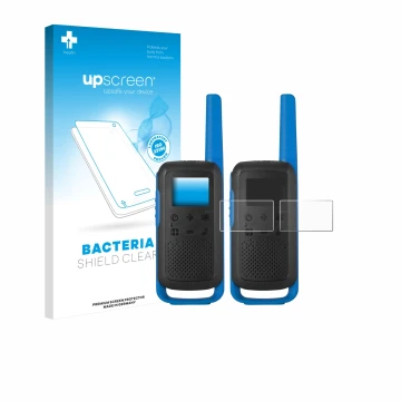 Vorderseite einer Produktverpackung mit dem Markenlogo upscreen. Daneben ist das Gerät Motorola TALKABOUT T62 mit dem zugehöri