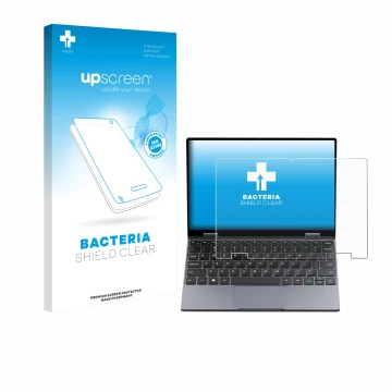 Vorderseite einer Produktverpackung mit dem Markenlogo upscreen. Daneben ist das Gerät Chuwi MiniBook X N150 mit dem zugehörig