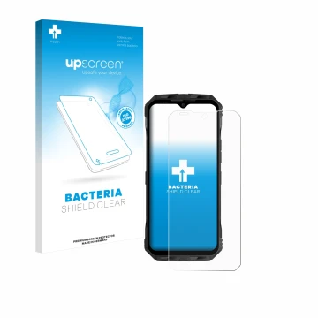 Vorderseite einer Produktverpackung mit dem Markenlogo upscreen. Daneben ist das Gerät Doogee V Max S mit dem zugehörigen Disp