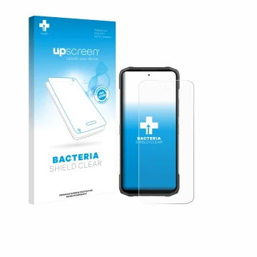 Vorderseite einer Produktverpackung mit dem Markenlogo upscreen. Daneben ist das Gerät Doogee Blade 20 Turbo mit dem zugehörig