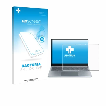 Vorderseite einer Produktverpackung mit dem Markenlogo upscreen. Daneben ist das Gerät Microsoft Surface Laptop 13