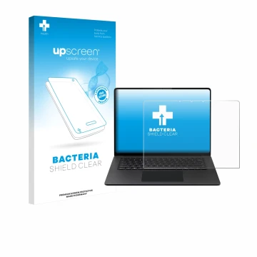 Vorderseite einer Produktverpackung mit dem Markenlogo upscreen. Daneben ist das Gerät Microsoft Surface Laptop 15