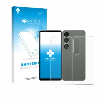 Vorderseite einer Produktverpackung mit dem Markenlogo upscreen. Daneben ist das Gerät Sony Xperia 1 VII (Display+Rückseite) m