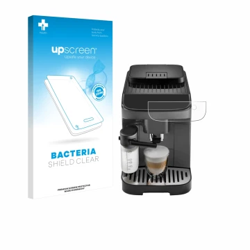 Vorderseite einer Produktverpackung mit dem Markenlogo upscreen. Daneben ist das Gerät DeLonghi Magnifica Evo mit dem zugehöri