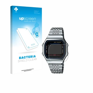 Vorderseite einer Produktverpackung mit dem Markenlogo upscreen. Daneben ist das Gerät Casio iconic ABL-100WE-1A mit dem zugeh