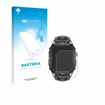 Vorderseite einer Produktverpackung mit dem Markenlogo upscreen. Daneben ist das Gerät Oukitel BT80 mit dem zugehörigen Displa