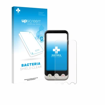 Vorderseite einer Produktverpackung mit dem Markenlogo upscreen. Daneben ist das Gerät Doro Aurora A10 mit dem zugehörigen Dis