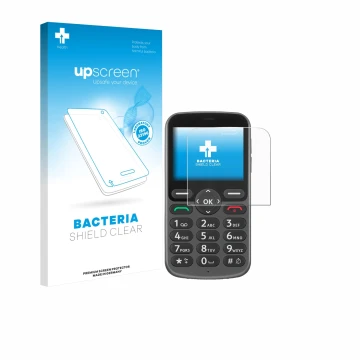 Vorderseite einer Produktverpackung mit dem Markenlogo upscreen. Daneben ist das Gerät Doro 1380 mit dem zugehörigen Displaysc