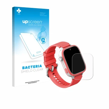 Vorderseite einer Produktverpackung mit dem Markenlogo upscreen. Daneben ist das Gerät AngelTech Kids Smartwatch Ultra 1.83