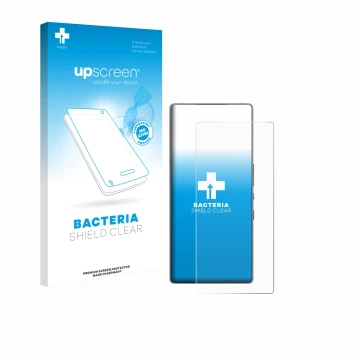 Vorderseite einer Produktverpackung mit dem Markenlogo upscreen. Daneben ist das Gerät ZTE Nubia Red Magic 10S Pro mit dem zug