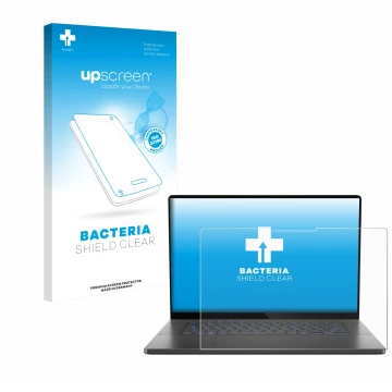 Vorderseite einer Produktverpackung mit dem Markenlogo upscreen. Daneben ist das Gerät ASUS ROG Zephyrus G16 2025 mit dem zuge