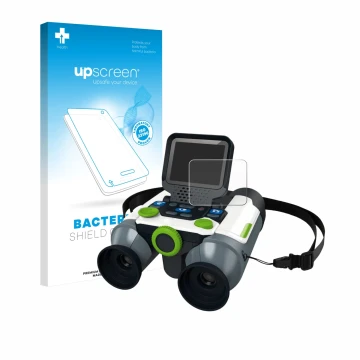 Vorderseite einer Produktverpackung mit dem Markenlogo upscreen. Daneben ist das Gerät Vtech Interaktives Video-Fernglas mit d