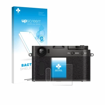 Vorderseite einer Produktverpackung mit dem Markenlogo upscreen. Daneben ist das Gerät Fujifilm X Half X-HF1 mit dem zugehörig