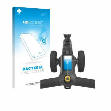Vorderseite einer Produktverpackung mit dem Markenlogo upscreen. Daneben ist das Gerät PowaKaddy CT10 mit dem zugehörigen Disp