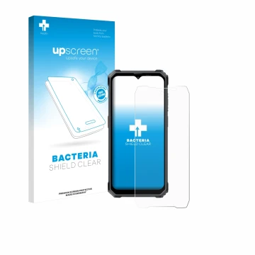 Vorderseite einer Produktverpackung mit dem Markenlogo upscreen. Daneben ist das Gerät Blackview BL7000 mit dem zugehörigen Di