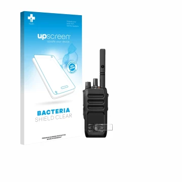 Vorderseite einer Produktverpackung mit dem Markenlogo upscreen. Daneben ist das Gerät Motorola MOTOTRBO R5 mit dem zugehörige
