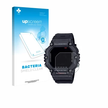 Vorderseite einer Produktverpackung mit dem Markenlogo upscreen. Daneben ist das Gerät Casio AE-1600H mit dem zugehörigen Disp