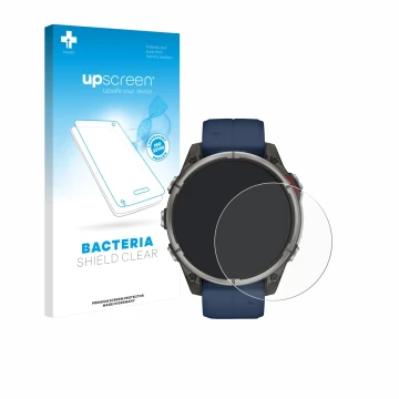 Vorderseite einer Produktverpackung mit dem Markenlogo upscreen. Daneben ist das Gerät Garmin quatix 8 (47 mm) mit dem zugehör