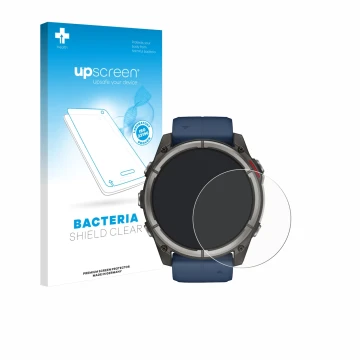 Vorderseite einer Produktverpackung mit dem Markenlogo upscreen. Daneben ist das Gerät Garmin quatix 8 (51 mm) mit dem zugehör