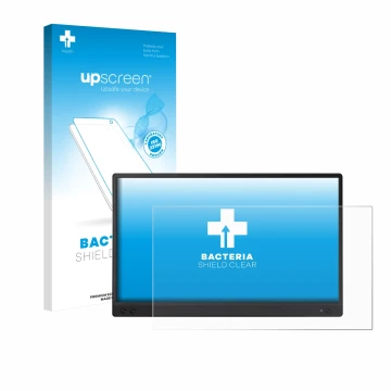 Vorderseite einer Produktverpackung mit dem Markenlogo upscreen. Daneben ist das Gerät ASUS ZenScreen MB166C mit dem zugehörig