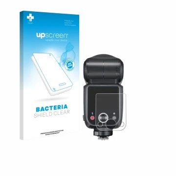 Vorderseite einer Produktverpackung mit dem Markenlogo upscreen. Daneben ist das Gerät Godox V100 mit dem zugehörigen Displays