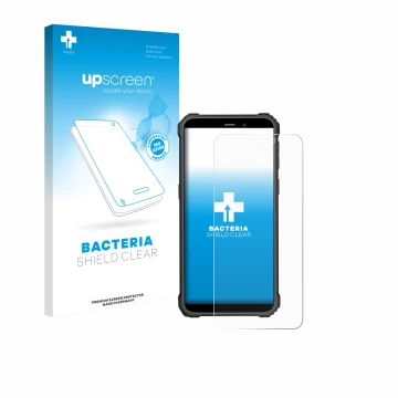Vorderseite einer Produktverpackung mit dem Markenlogo upscreen. Daneben ist das Gerät Oukitel WP32 Pro mit dem zugehörigen Di