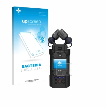 Vorderseite einer Produktverpackung mit dem Markenlogo upscreen. Daneben ist das Gerät Zoom H5 Studio mit dem zugehörigen Disp