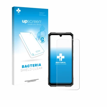 Vorderseite einer Produktverpackung mit dem Markenlogo upscreen. Daneben ist das Gerät Doogee Blade GT Play mit dem zugehörige