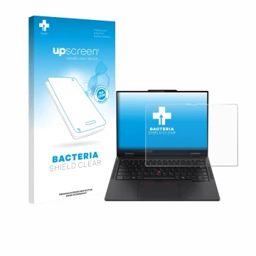 Vorderseite einer Produktverpackung mit dem Markenlogo upscreen. Daneben ist das Gerät Lenovo ThinkPad T14s 2-in-1 mit dem zug