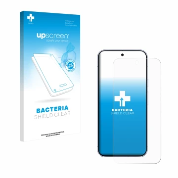 Vorderseite einer Produktverpackung mit dem Markenlogo upscreen. Daneben ist das Gerät Google Pixel 10 Pro XL mit dem zugehöri