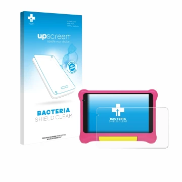 Vorderseite einer Produktverpackung mit dem Markenlogo upscreen. Daneben ist das Gerät Happybe Kids Tablet 7