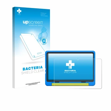 Vorderseite einer Produktverpackung mit dem Markenlogo upscreen. Daneben ist das Gerät Happybe Kids Tablet 10