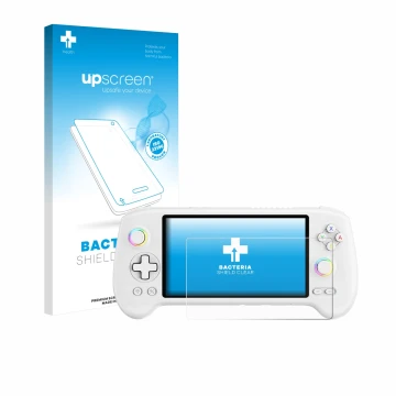 Vorderseite einer Produktverpackung mit dem Markenlogo upscreen. Daneben ist das Gerät Anbernic RG557 mit dem zugehörigen Disp