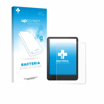 Vorderseite einer Produktverpackung mit dem Markenlogo upscreen. Daneben ist das Gerät Amazon Kindle Colorsoft mit dem zugehör