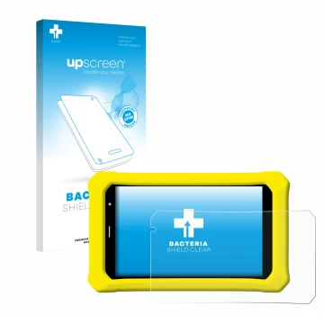 Vorderseite einer Produktverpackung mit dem Markenlogo upscreen. Daneben ist das Gerät Clementoni Clempad 8