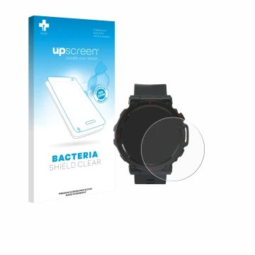 Vorderseite einer Produktverpackung mit dem Markenlogo upscreen. Daneben ist das Gerät Crivit Sport-Smartwatch mit dem zugehör