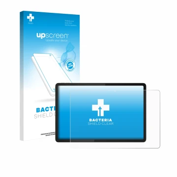 Vorderseite einer Produktverpackung mit dem Markenlogo upscreen. Daneben ist das Gerät Lenovo Tab K11e mit dem zugehörigen Dis