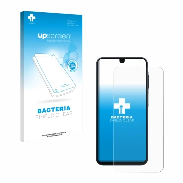 Vorderseite einer Produktverpackung mit dem Markenlogo upscreen. Daneben ist das Gerät Samsung Galaxy A17 4G mit dem zugehörig