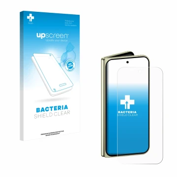 Vorderseite einer Produktverpackung mit dem Markenlogo upscreen. Daneben ist das Gerät Google Pixel 10 Pro Fold mit dem zugehö