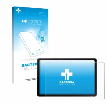 Vorderseite einer Produktverpackung mit dem Markenlogo upscreen. Daneben ist das Gerät Samsung Galaxy Tab S10 Lite mit dem zug